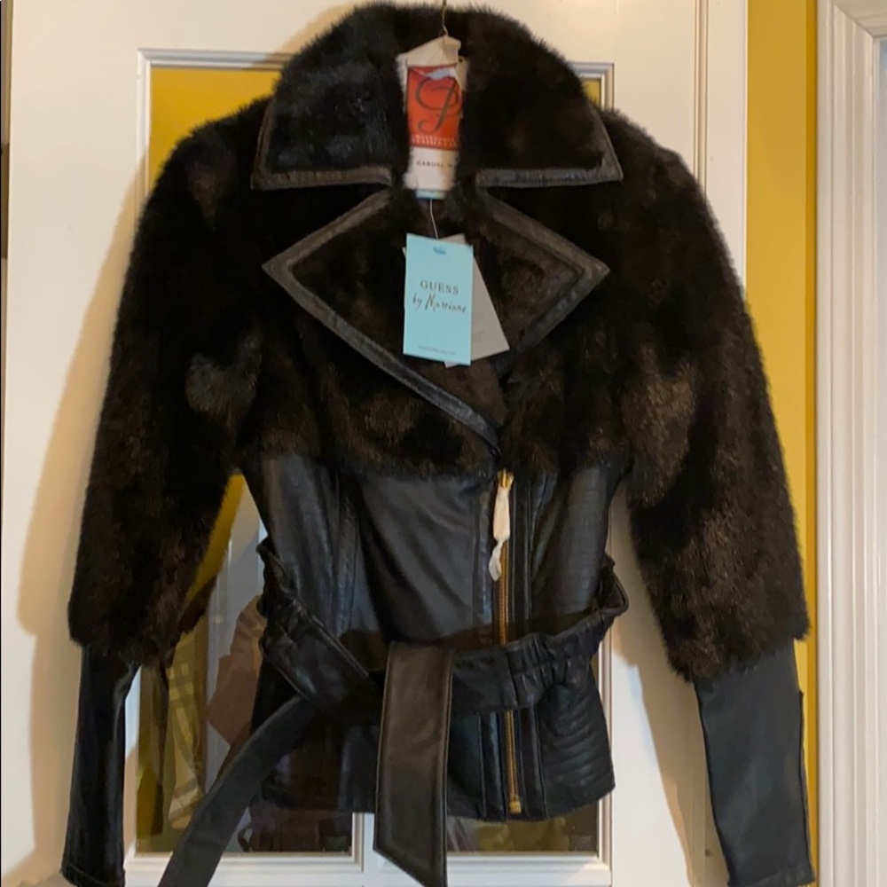Marciano black leather coat faux fur size xs nwt